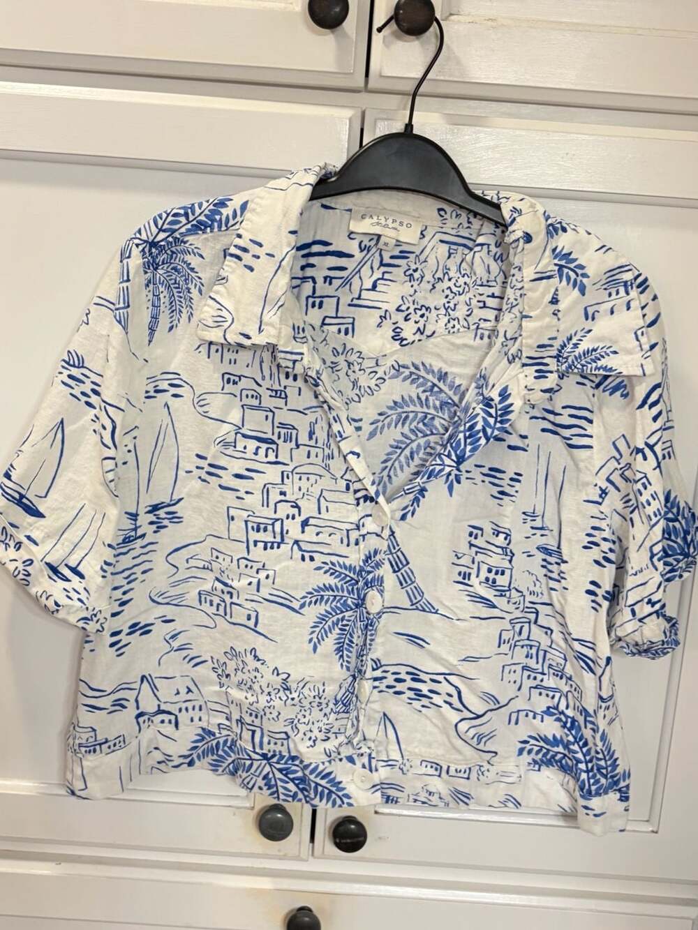 Calypso St Barth XL Linen Blend Blue White Mediterranean Scenic Crop Shirt